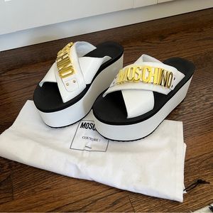 Moschino White Logo Platform Slide Sandals
